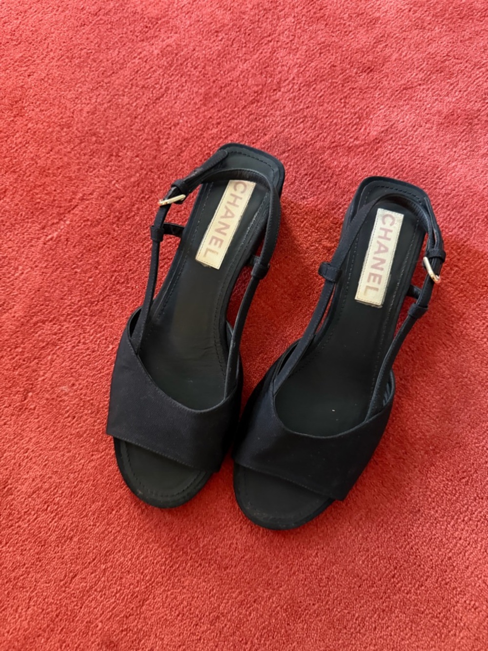 CHANEL Black Slingback Open-Toe Sandals with Gold Buckles - Picture 1 of 2